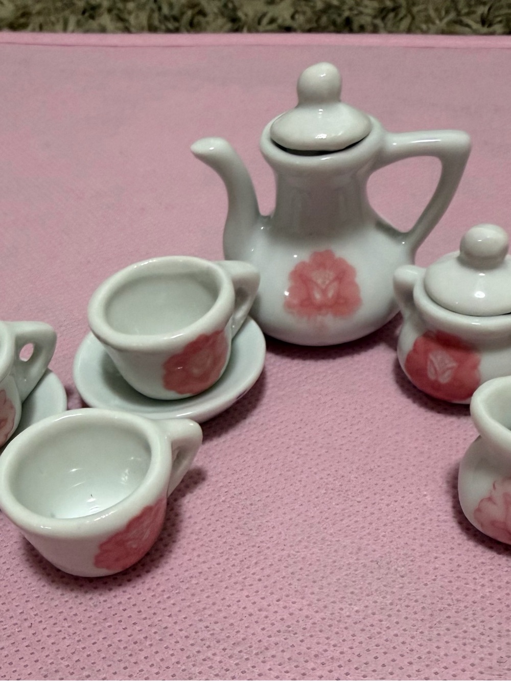 Pretty White Porcelain Mini Tea Set with Pink Floral Decals